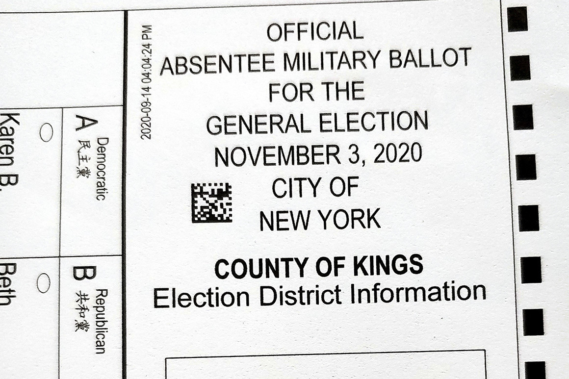 A photo shows a section of an absentee ballot mailed to a Brooklyn voter.