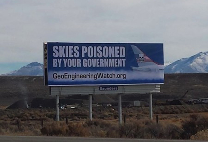 Geoengineering Watch paid for this billboard on I-80 near Elko, Nev., to help in its battle to expose and stop climate engineering. (geoengineeringwatch.org)