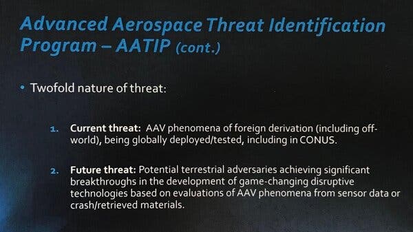 The Pentagon’s U.F.O. Program has been using unclassified slides like this to brief government officials on threats from Advanced Aerospace Vehicles — “including off-world” — and materials retrieved from crashes of unidentified phenomena.