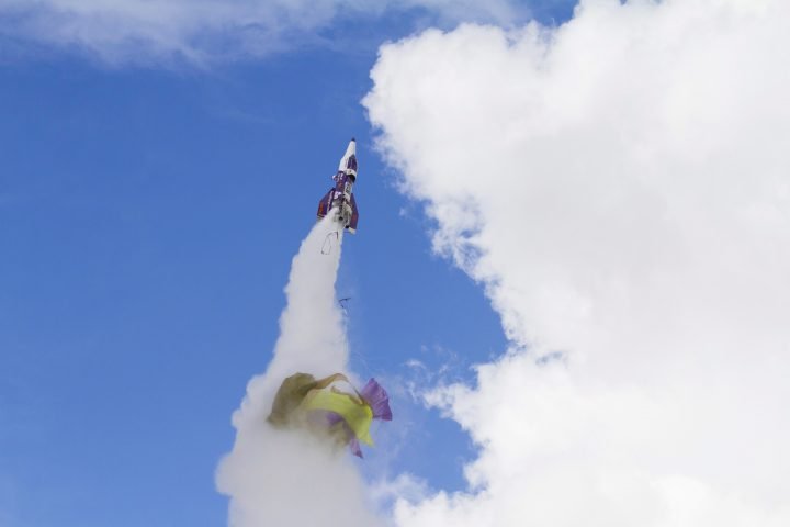 In this Saturday afternoon, Feb. 22, 2020, photo “Mad” Mike Hughes rocket takes off, with what appears to be a parachute tearing off during its launch near Barstow, Calif.