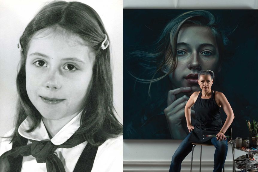 A black and white picture of Kathrin as a school girl, and a recent photo of her in front of one of her large portrait paintings