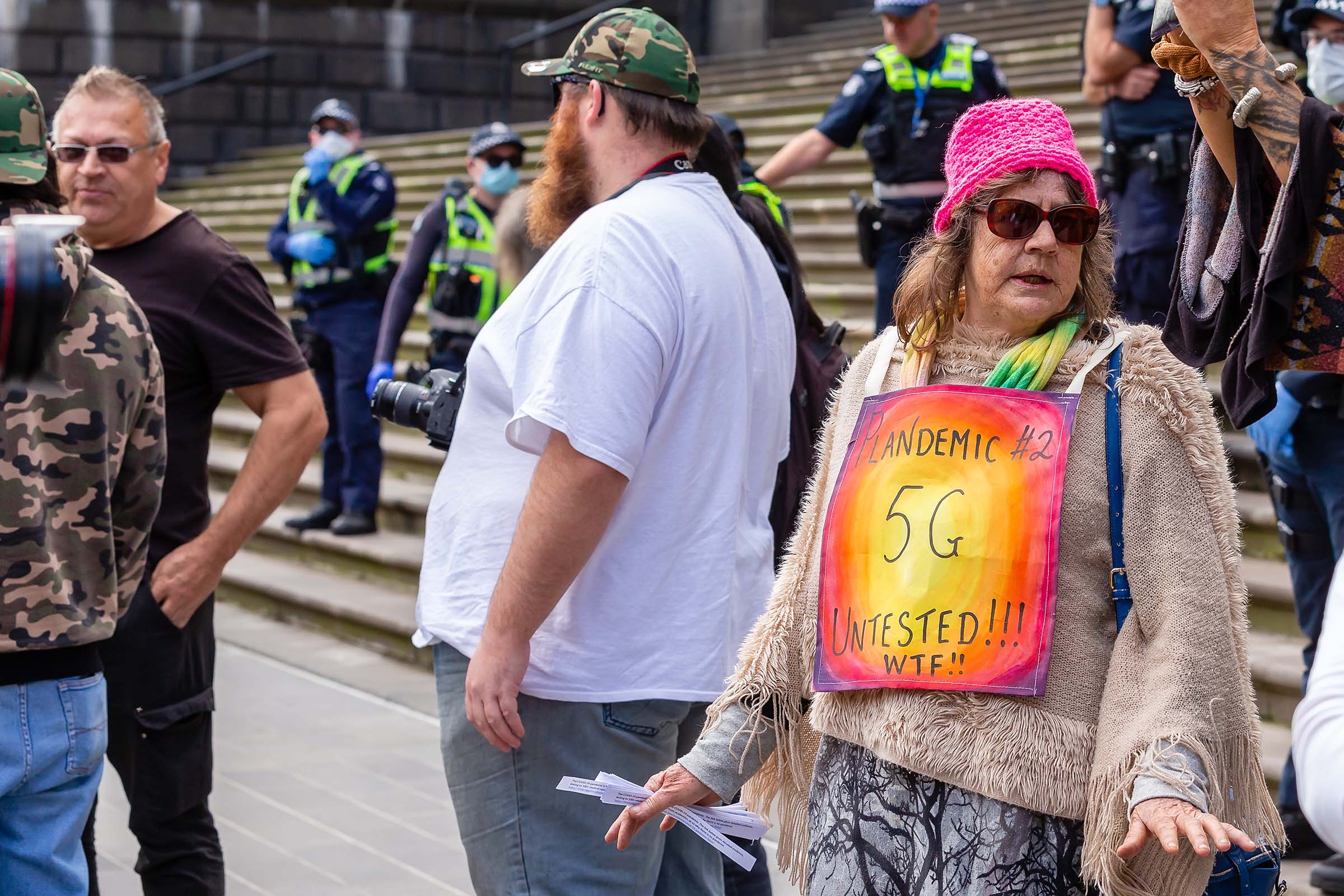 Many protesters blame 5G technology for the Coronavirus during the Coronavirus (COVID-19) Anti-Lockdown Protest at Parliament House in Melbourne on May 10, 2020.