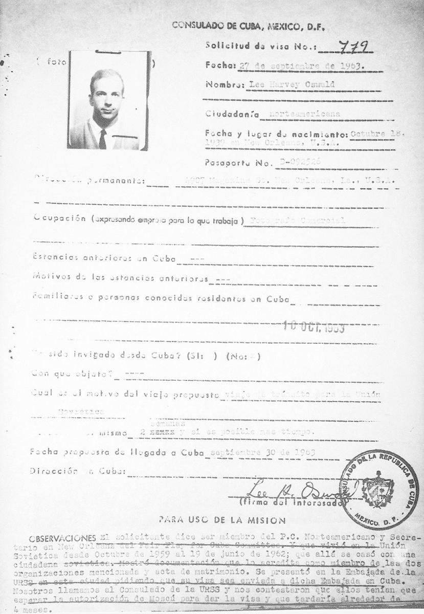 This is a copy of Lee Harvey Oswald's visa application, released by the Cuban government in 1978. (Credit: Charles Tasnadi/AP Photo)