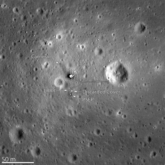 The Apollo 11 landing site, as well as the LRRR experiment can be seen in this image captured by NASA's Lunar Reconnaissance Orbiter. Image Credit: NASA Goddard/Arizona State University