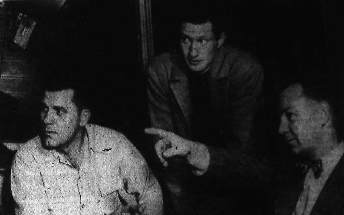 P-51 Mustang pilot, Lt. George Gorman (center) with air tower controllers, H.E. Johnson, left and Lloyd D. Jensen, right, met with Air Force investigators after the Oct. 1, 1948. Johnson and Jensen, along with another pilot in the sky that night corroborated Gorman's account. Forum file photo
