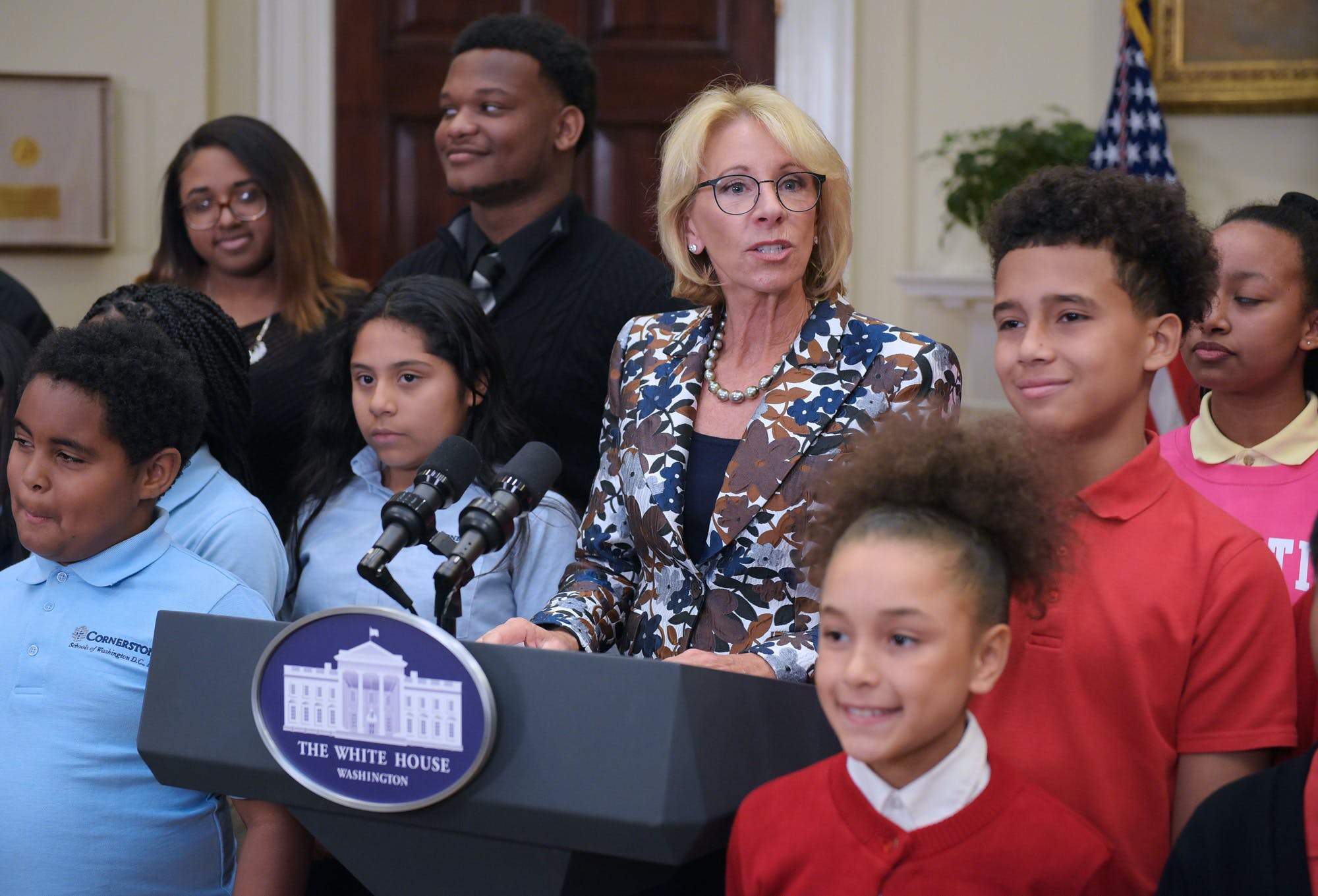 US Education Secretary Betsy DeVos speaks at a school choice event in the Roosevelt Room of the White House on May 3, 2017 in Washington, DC. / AFP PHOTO / MANDEL NGAN (Photo credit should read MANDEL NGAN/AFP via Getty Images)