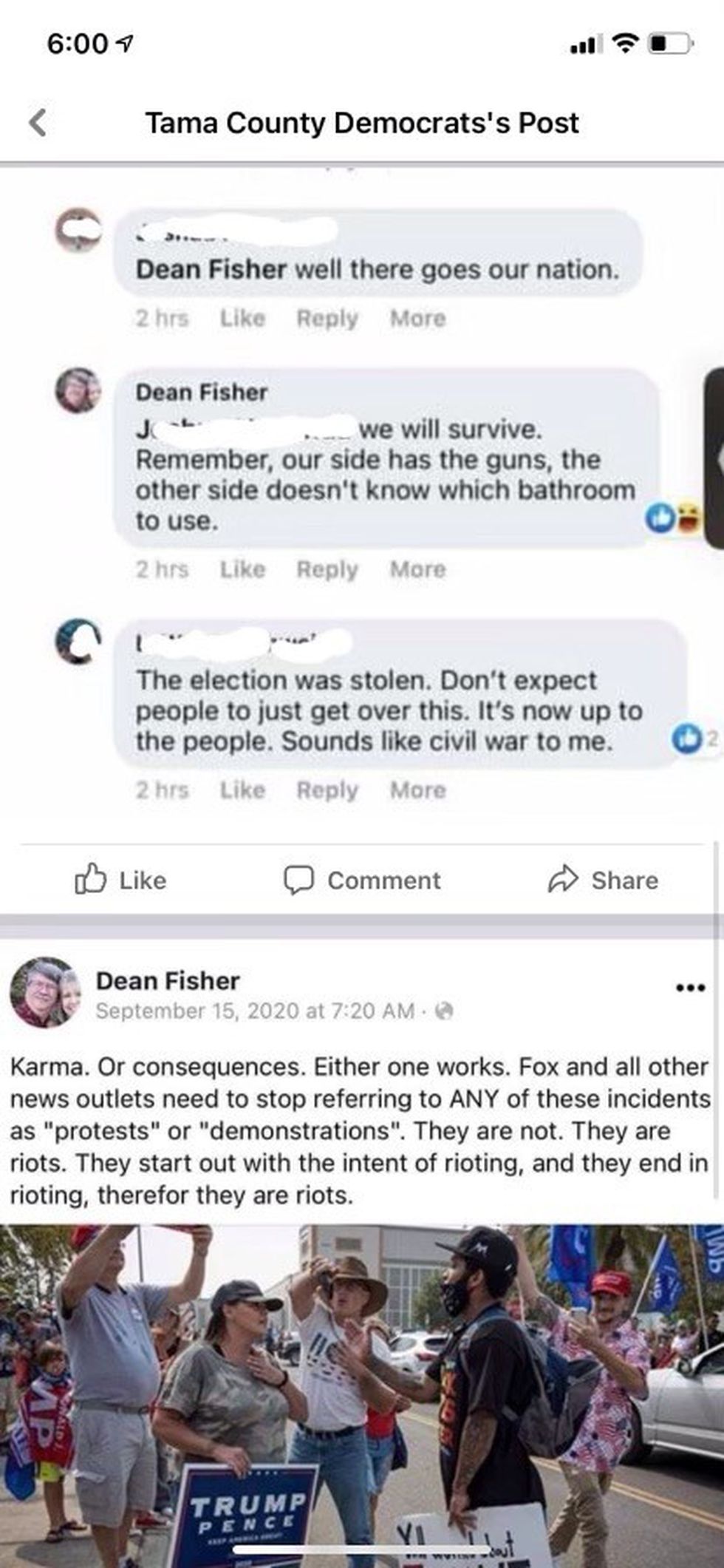 Screenshots from State Representative Dean Fisher of Tama County in Iowa submitted to Iowa...