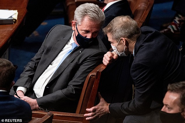 'Treason caucus.' Critics have slammed House and Senate Republicans who voted to overturn the election results. The House minority leader Kevin McCarthy (left) is among them as was Jim Jordan, the Ohio rep who is a fanatical Trump loyalist