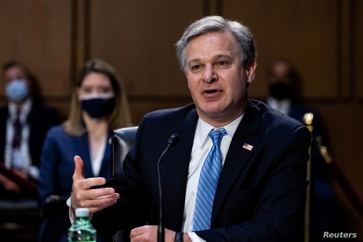 FBI Director Christopher Wray speaks during a Senate Select Committee on Intelligence hearing about worldwide threats, on…