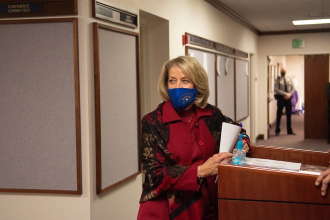 Nevada Secretary of State Barbara Cegavske on the first day of the 81st session of the Nevada Legislature in Carson City on Monday, Feb. 1, 2021. (David Calvert/The Nevada Independent)