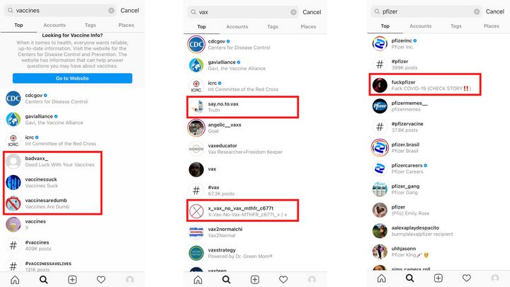 Instagram ranks explicitly anti-vaccine accounts near the top of its search results for terms including "vaccines," "vax" and