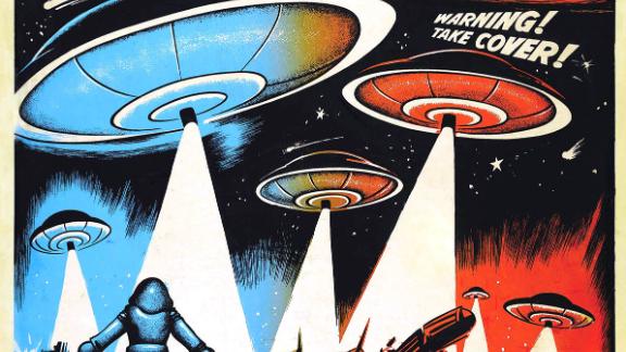 A movie poster from the 1950s shows how Hollywood envisioned UFOs