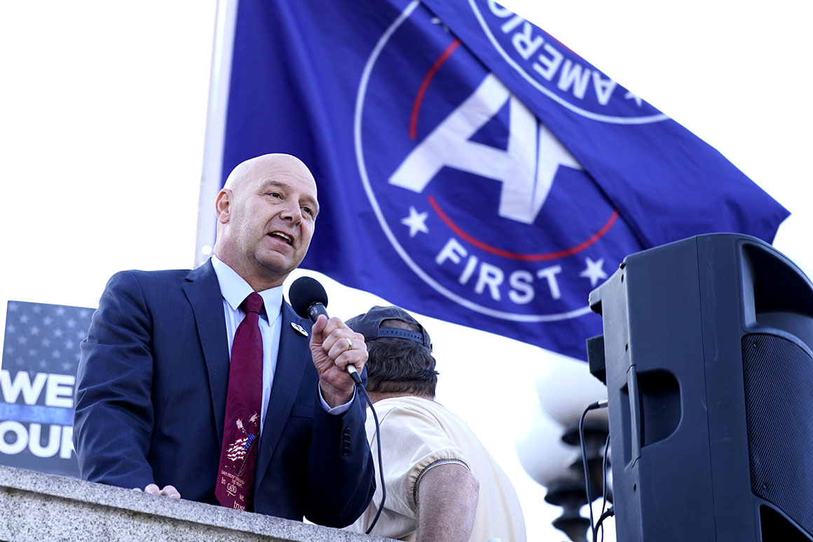 Doug Mastriano speaks to supporters of Donald Trump outside the Pennsylvania State Capitol. 