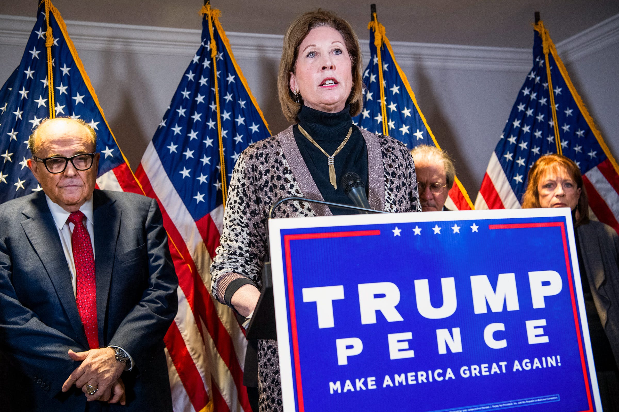 Sydney Powell, attorney for President Donald Trump, conducts a news conference at the Republican National Committee on lawsuits regarding the outcome of the 2020 presidential election on November 19, 2020 in Washington, D.C.