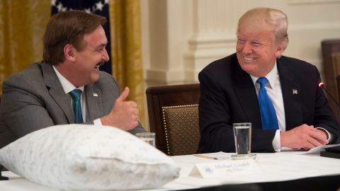 President Donald Trump speaks alongside MyPillow CEO Mike Lindell, during a "Made in America" event with US manufacturers at the White House on July 19, 2017. 