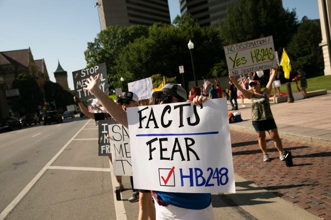 Supporters of House Bill 248, which would prohibit employers from requiring vaccines among other provisions, gathered outside the Ohio Statehouse on Tuesday.