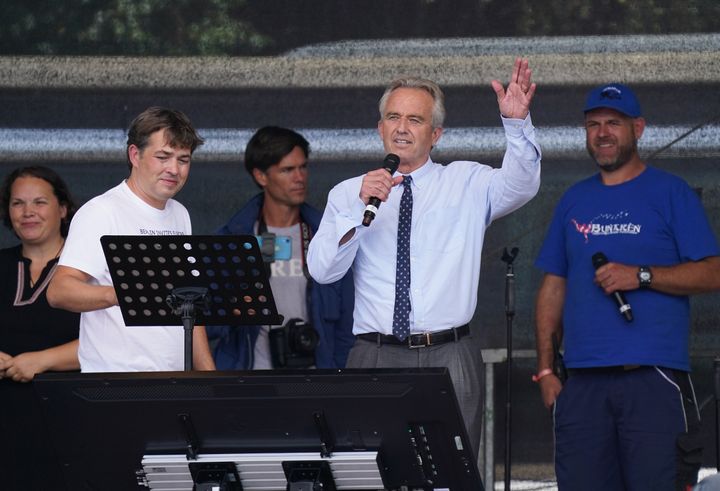 Robert F. Kennedy Jr. (center) speaks&nbsp;at a rally against COVID-19 restrictions in Berlin in August 2020.&nbsp;