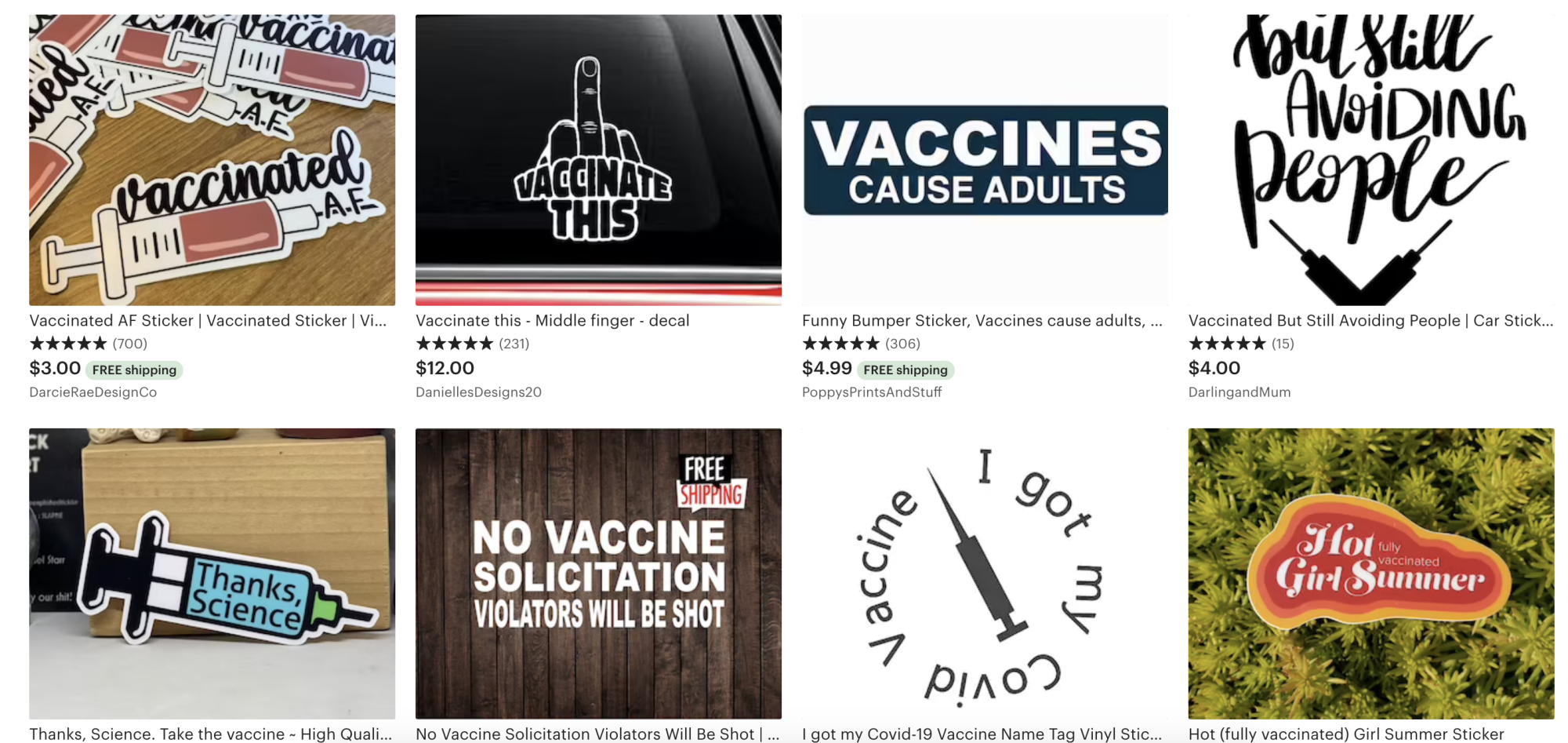 A weird array of vax bumper stickers on Etsy.