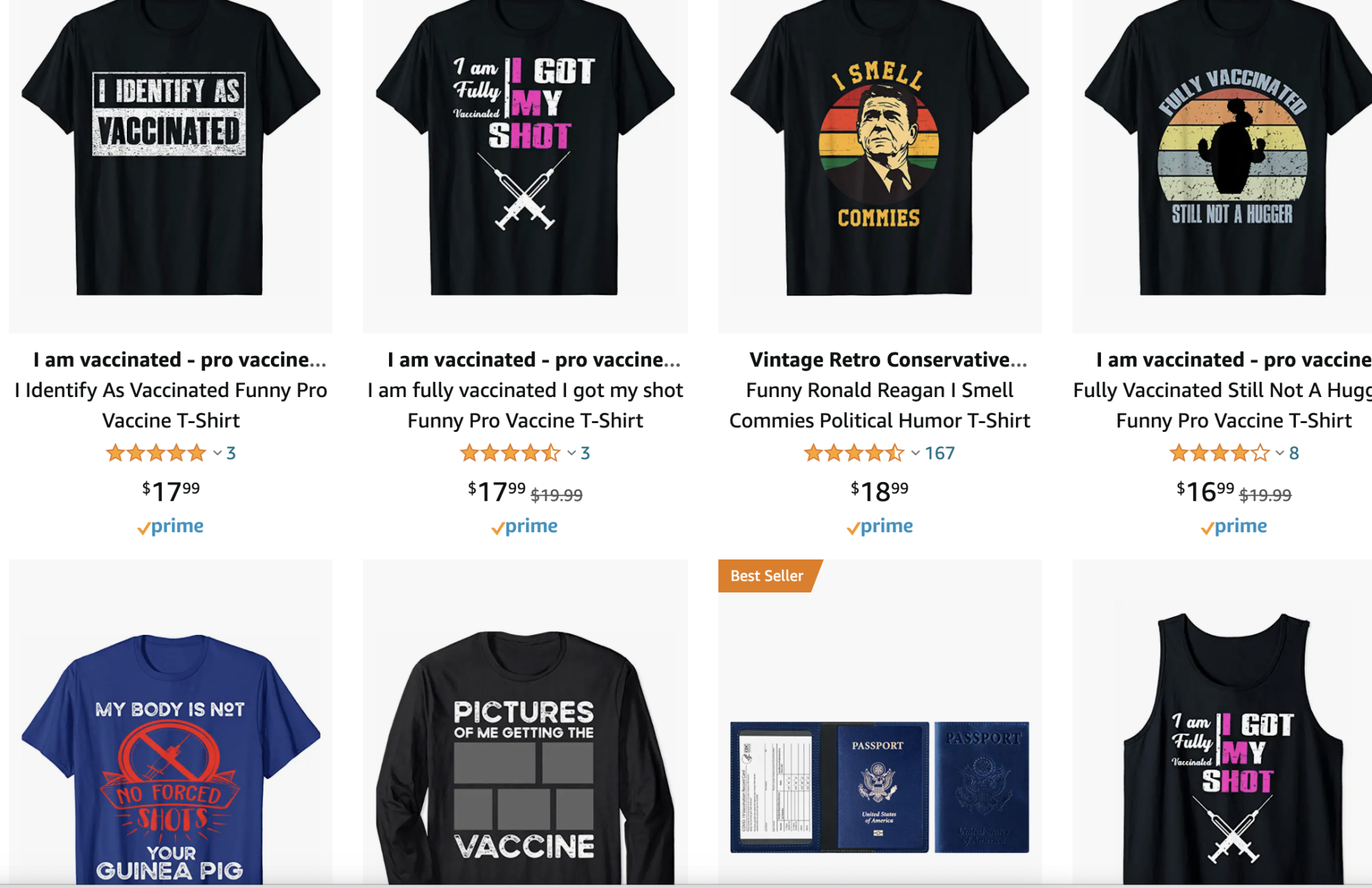 Vaccine merch is strange on Amazon, too.