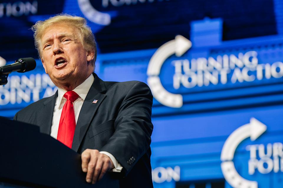 PHOENIX, ARIZONA - JULY 24: Former U.S. President Donald Trump speaks during the Rally To Protect Our Elections conference on July 24, 2021 in Phoenix, Arizona. The Phoenix-based political organization Turning Point Action hosted former President Donald Trump alongside GOP Arizona candidates who have begun candidacy for government elected roles. (Photo by Brandon Bell/Getty Images)