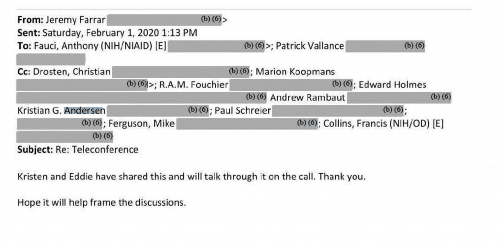 A Jeremy Farrar email about the teleconference.