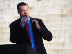 Former Kansas Secretary of State Kris Kobach, a candidate for attorney general, said Saturday during a rally at the Capitol the federal government didn't have authority to force anyone to take a COVID-19 vaccination. (Tim Carpenter/Kansas Reflector)