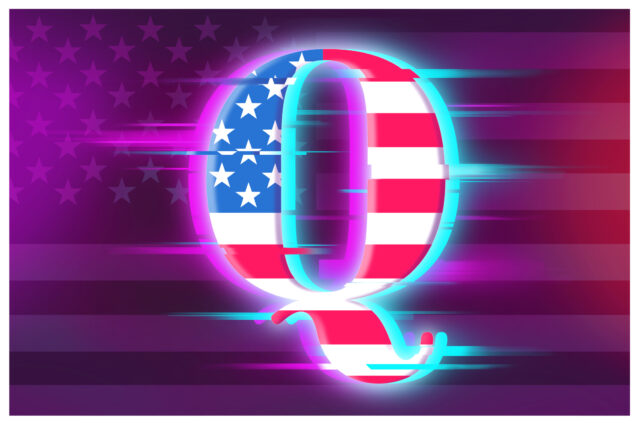 Q symbol with glitch effect illustration. Conspiracy theory illustration.