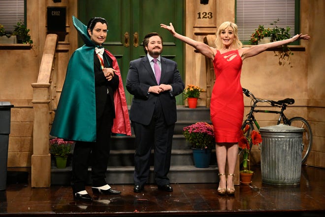 Aristotle Athari as the Recount Count, Aidy Bryant as Ted Cruz and Chloe Fineman as Britney Spears during the "Ted Cruz Sesame Street" Cold Open on "Saturday Night Live."