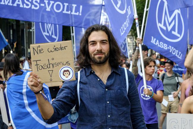 Nicolas Rimoldi at a protest this year. He says his movement, which campaigns against vaccine passports, is ‘not anti-vax’ and that people who have been vaccinated attend its demonstrations.