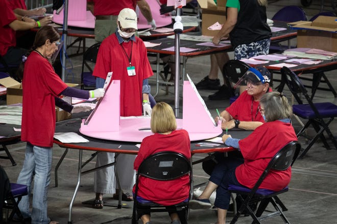 Maricopa County ballots from the 2020 general election are examined and recounted by contractors hired by the Arizona senate, June 21, 2021, at the Veterans Memorial Coliseum, Phoenix.