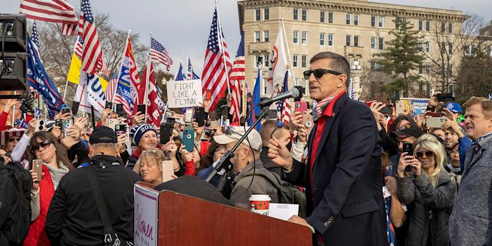 Former General Michael Flynn, President Donald Trump’s recently pardoned national security adviser, speaks during a protest of the outcome of the 2020 presidential election outside the Supreme Court on December 12, 2020 in Washington, DC.