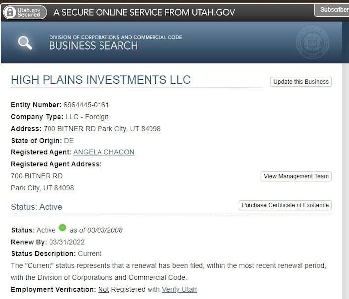 Details on High Plains Investments LLC in Park City, Utah, from the website of the Utah Division of Corporations and Commercial Code.