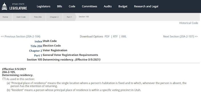 A screenshot of the Utah statute on residency.