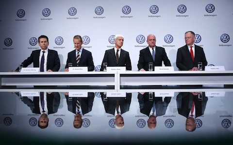 (L-R) VW executives Karlheinz Blessing, Herbert Diess, Matthias Mueller, Bernd Osterloh and Stephan Weil