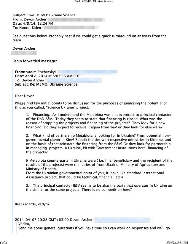 Four days after Guttieri's April 2014 email, Burisma executive Vadym Pozharskyi wrote to Hunter revealing that the then-Vice President's son had pitched a 'science project' involving Burisma and Metabiota in Ukraine. 'Please find few initial points to be discussed for the purposes of analyzing the potential of this as you called, 'Science Ukraine' project,' Pozharskyi wrote