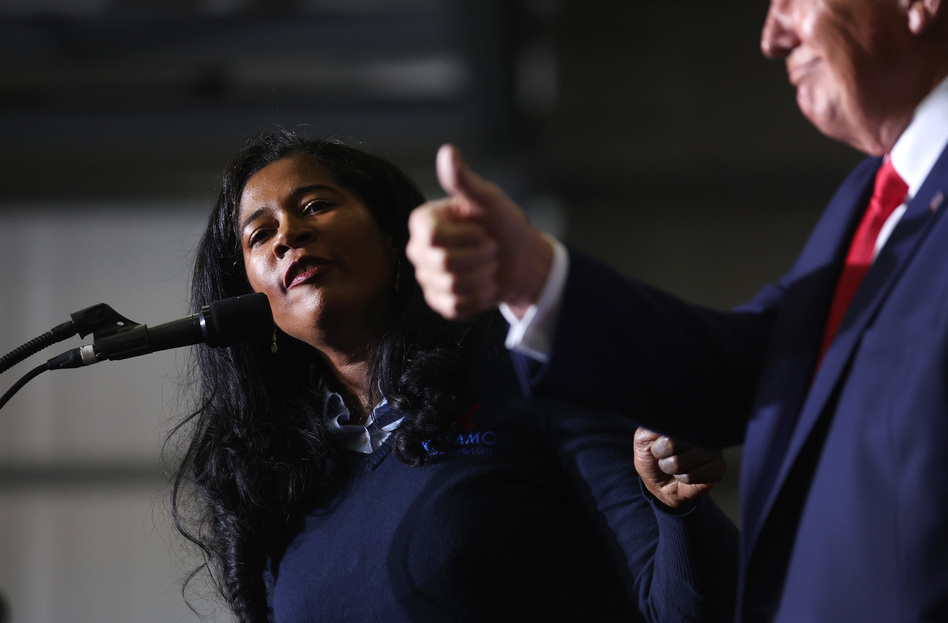 Kristina Karamo, who is headed toward becoming the Republican nominee for secretary of state in Michigan, gets an endorsement from Trump during his April 2 rally.