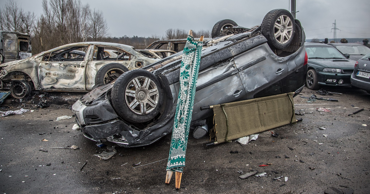 Overturned cars in Ukraine were likely flipped by Russian forces, not explosion Overturned cars in Ukraine were likely flipped by Russian forces, not explosion
