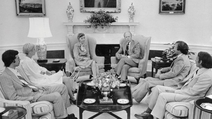 President Ford (third from right) invited the Olson family to the White House to apologise for the US Government's role in Frank's apparent suicide. (Image by Bettmann/Getty Images)