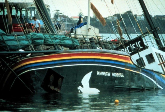 The bombed Rainbow Warrior is in Marsden Wharf in Auckland Harbour after the bombing of the Greenpeace flagship by French secret service agents.