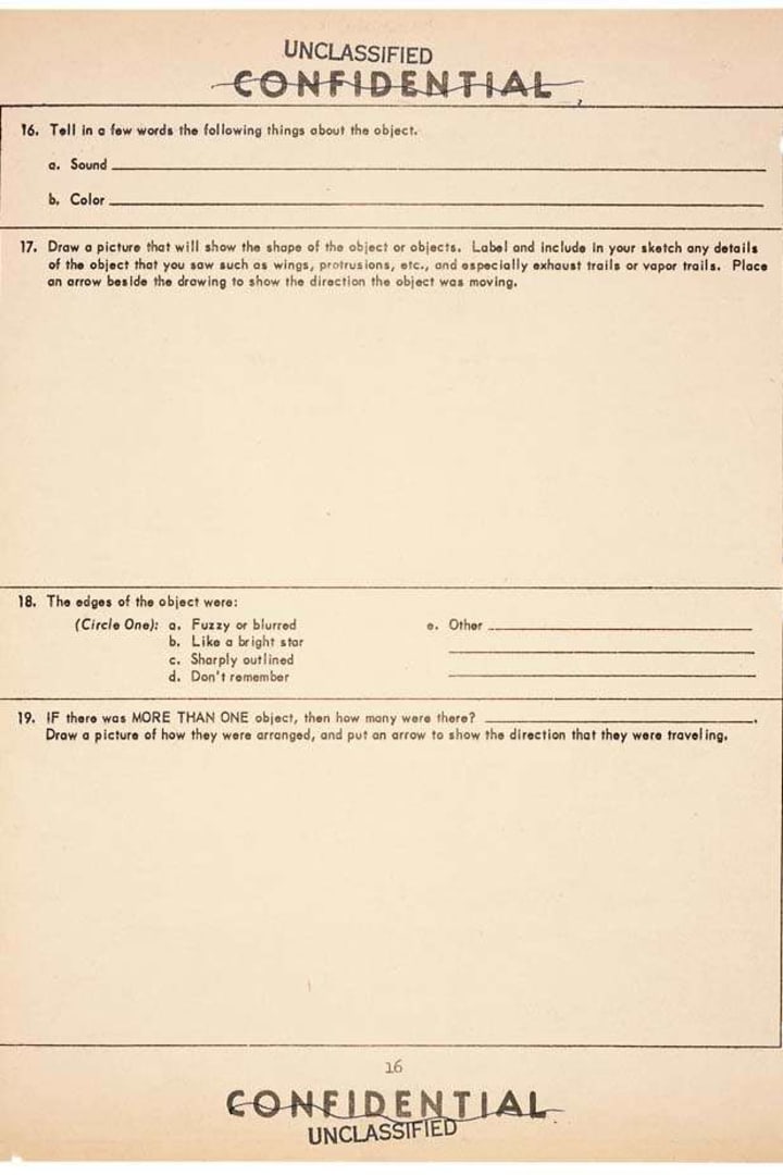 UFO Sighting Questionnaire from Project Blue Book Status Report Number Eight