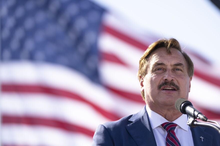 Mike Lindell, political activist and CEO of MyPillow, speaks during a rally hosted by former President Donald Trump at the Delaware County Fairgrounds on April 23 in Delaware, Ohio.