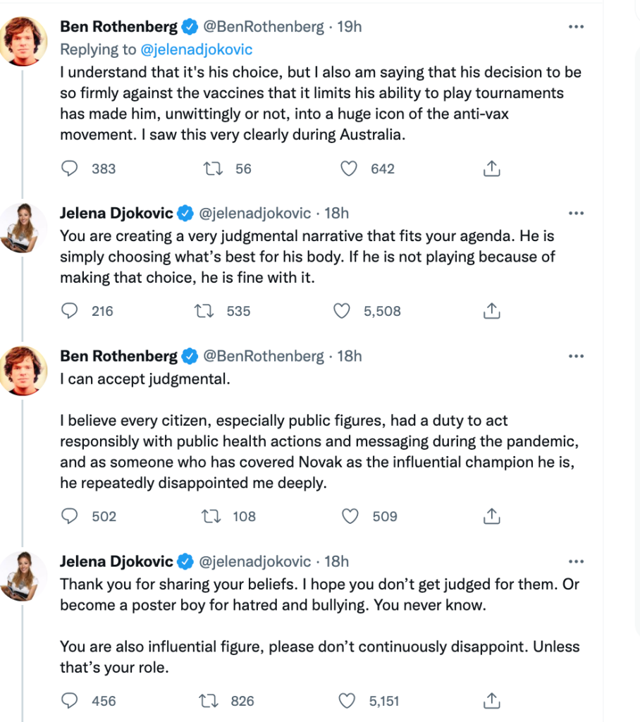 Twitter exchange between Ben Rothenberg and Jelena Djokovic continues.