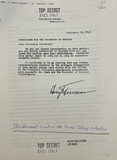 An alleged memo from President Harry Truman to Secretary of Defense James Forrestal.