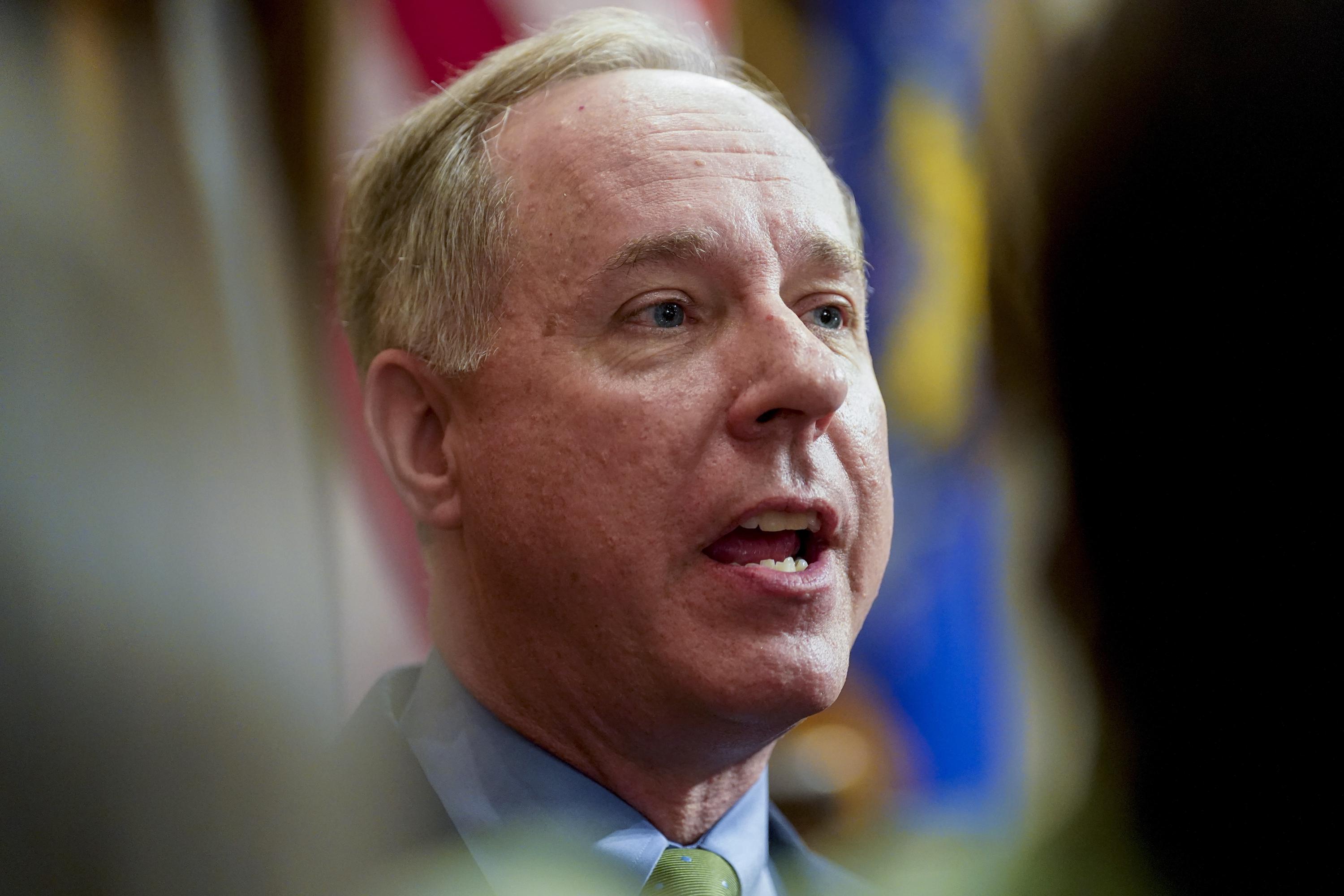 FILE - Wisconsin Assembly Speaker Robin Vos talks to the media after Gov. Tony Evers addressed a joint session of the Legislature in the Assembly chambers during the governor's State of the State speech at the state Capitol Tuesday, Feb. 15, 2022, in Madison, Wis. Vos said Thursday, May 26, 2022, that he is open to the idea of arming teachers following the latest school shooting in Texas, while he dismissed as “disingenuous" an offer from Democratic Gov. Tony Evers to find common ground.(AP Photo/Andy Manis)