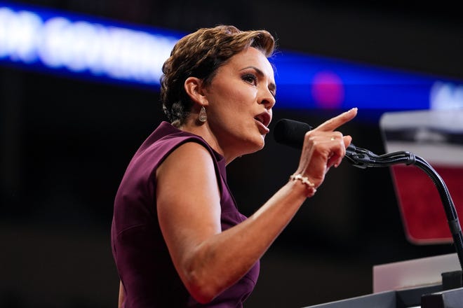 Kari Lake, candidate for Arizona governor, speaks during a Save America rally at the Findlay Toyota Center on Friday, July 22, 2022, in Prescott Valley.