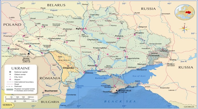 Political Map of Ukraine with Crimea and Eastern Ukraine under Russian control