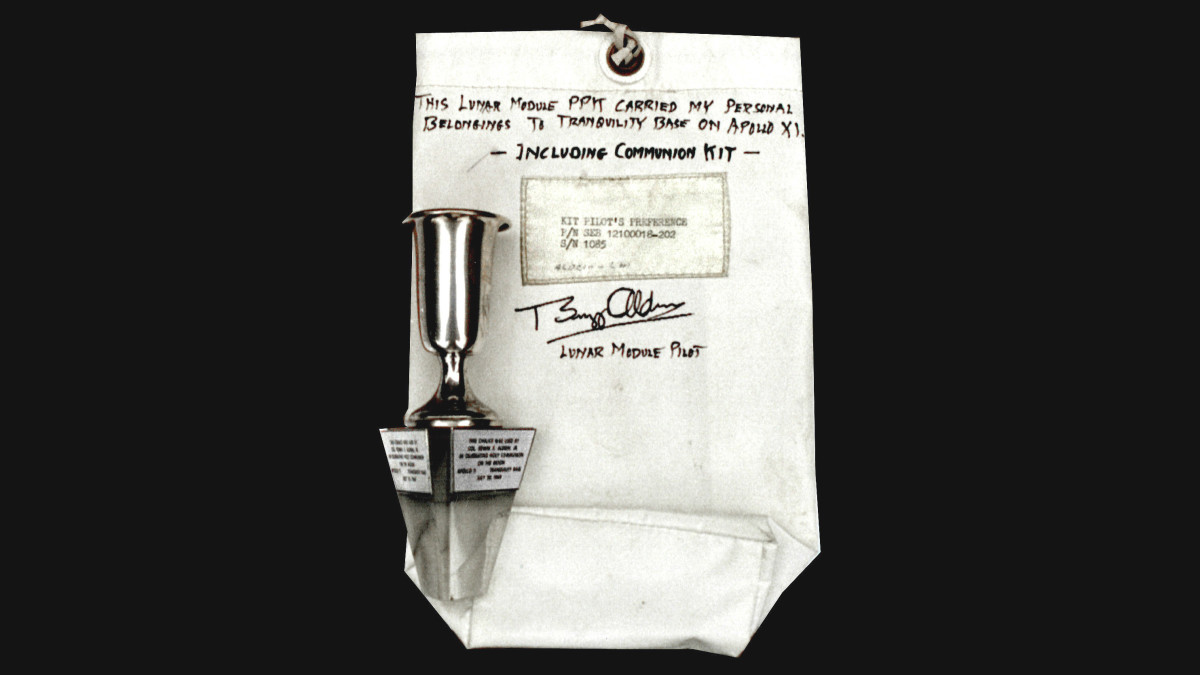 The communion bag and chalice used by Buzz Aldrin during his lunar communion.