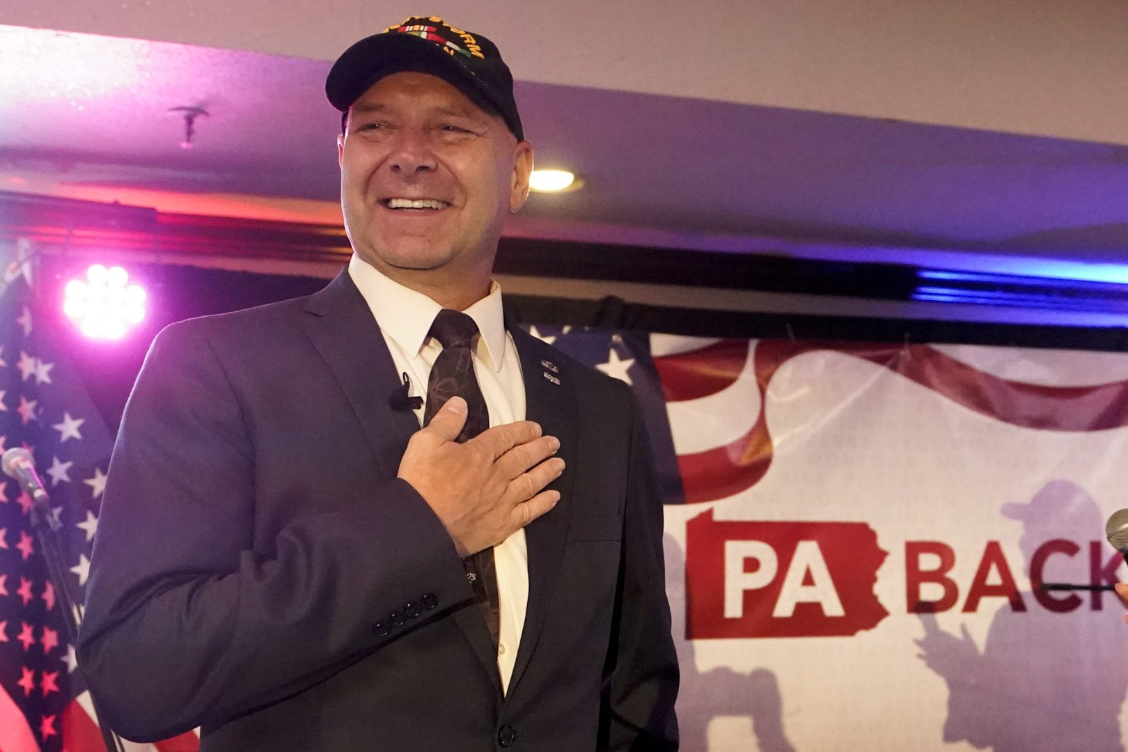 State Sen. Doug Mastriano, R-Franklin, a Republican candidate for Governor of Pennsylvania, takes part in a primary night election gathering in Chambersburg, Pa., Tuesday, May 17, 2022. 