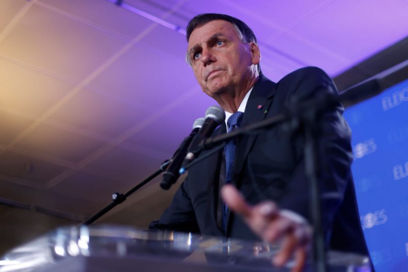 Incumbent and presidential candidate for a second term Jair Bolsonaro of Liberal Party (PL) speaks during a press conference after the debate organized by Brazilian media conglomerate Globo only two days before the presidential run-off on October 28, 2022 in Rio de Janeiro, Brazil. (Photo by Wagner Meier/Getty Images)