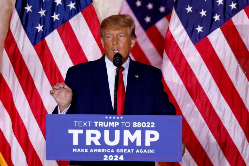 Former US President Donald Trump speaks at the Mar-a-Lago Club in Palm Beach, Florida, on November 15, 2022. - Donald Trump pulled the trigger on a third White House run on November 15, setting the stage for a bruising Republican nomination battle after a poor midterm election showing by his hand-picked candidates weakened his grip on the party. Trump filed his official candidacy papers with the US election authority moments before he was due to publicly announce his candidacy. (Photo by ALON SKUY / AFP) (Photo by ALON SKUY/AFP via Getty Images)